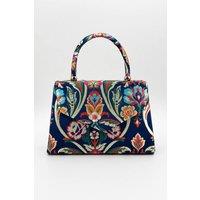 SVNX Women's Floral Satin Embroidered Top Handle Bag in Navy