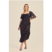 FASHION-SZN Women's Curve Flutter Sleeve Ruffle Hem Leopard Midi Dress in Brown | Size: 24