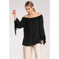 Love Lace Women's Spanish Ruched Off-Shoulder Tie Sleeve Blouse in Black