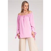 Love Lace Women's Spanish Style Off-Shoulder Blouse with Tie Sleeves in Pink