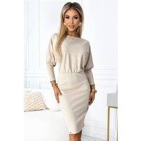Love Lace Women's Beige Striped Ribbed Sleeve Elastic Dress | Size: Medium