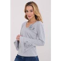Love Lace Women's Elegant Cotton V Neck Bell Sleeve Blouse in Grey