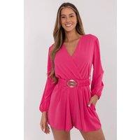 Love Lace Women's Wrap Neck Jumpsuit with Waist Belt in Pink