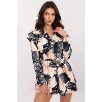 Love Lace Women's Floral Ruffle Sleeve Waist Belt Mini Jumpsuit