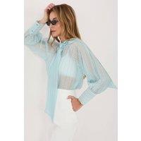 Love Lace Women's Long Sleeve Striped Tie Neck Puff Sleeve Shirt in Aqua