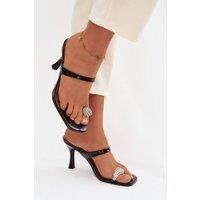 Love Lace Women's Stiletto Heeled Sandals with Jewel Toe Detail & Midfoot Strap in Black | Size: 5.5