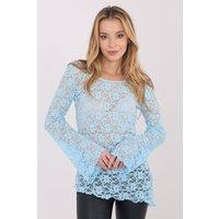 Love Lace Women's Elegant Lace Blouse with Long Bell Sleeves in Blue