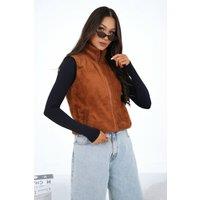 Love Lace Women's Stylish Furry Polyester Zip Vest with Pockets in Brown | Size: Medium/Large