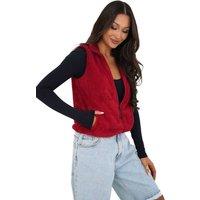 Love Lace Women's Faux Fur Zipper Gilet Vest with Wind Collar in Red | Size: Medium/Large