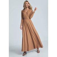 Love Lace Women's Beige Long Sleeve Maxi Wrap Pleated Dress in Camel | Size: Small