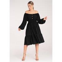 Love Lace Women's Ruched Midi Dress with Spanish Neckline in Black