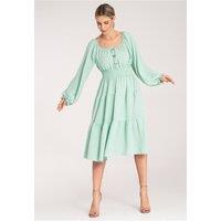 Love Lace Women's Midi Ruched Dress Spanish Neckline Wooden Buttons in Green