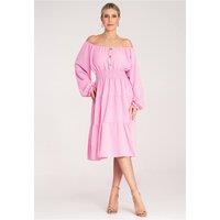 Love Lace Women's Ruched Midi Dress Spanish Neck Elastic Waist in Pink
