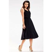 Love Lace Women's Elegant Midi Dress Thin Straps Crinkled Neck in Black | Size: Small
