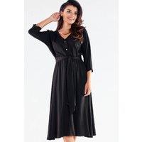Love Lace Women's Buttoned Midi Dress with Belt Trapezoid Hem in Black | Size: Small