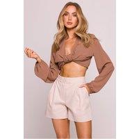 Love Lace Women's Cotton High Waisted Pleated Shorts with Pockets in Beige | Size: Medium