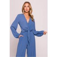 Love Lace Women's Crepe Crop Blouse with Deep V Tie Front in Blue | Size: XL