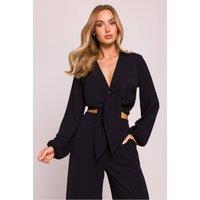 Love Lace Women's Crepe Deep V Crop Blouse with Tie Front in Black | Size: 2XL