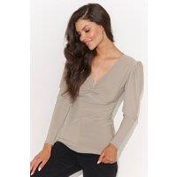 Love Lace Women's Fitted V Neck Blouse with Buff Sleeves in Beige | Size: 42