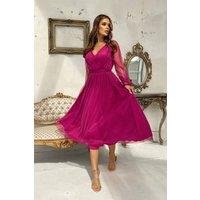 Love Lace Women's Evening Midi Crinkled Layered Brocade Mesh Dress in Magenta | Size: 36
