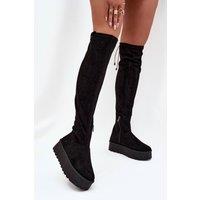 Love Lace Women's Fleece Lined Faux Suede Platform Thigh High Boots Zipper Closure in Black | Size: 8.5