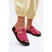 Love Lace Women's Suede Platform Slide Sandals with Gold Buckle Strap Comfort in Pink | Size: 7.5