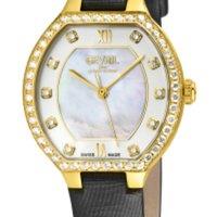 Gevril Women's Lugano Swiss Diamond Watch, MOP Dial, 316L SS IPYG Case, Italian leather in Black