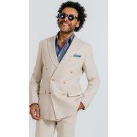 Dobell Men's Oatmeal Double Breasted Cotton/Linen Blend 2 Piece Suit in Beige | Size: 46R