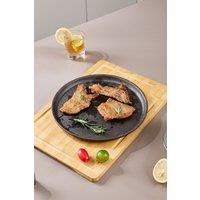 Living and Home Cast Iron Griddle Pan Round Grill Frying Cookware with Wooden Tray 24cm Dia in Black