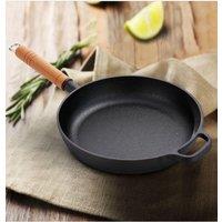 Living and Home 25/27cm Round Cast Iron Frying Pan Cookware Skillet with Removable Wooden Handle in Black | Size: Small