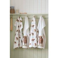 Catherine Lansfield 'Angus Highland Cow' Cotton Kitchen Tea Towel Pack of 4 in Natural