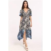 Liquorish Women's Blue Abstract Tropical Print Wrap Midi Dress | Size: 8