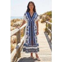 Roman Women's Petite Border Print V-Neck Midi Dress in White | Size: 14