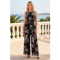 Roman Women's Floral Print Chiffon Jumpsuit in Black | Size: 14
