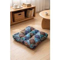 Living and Home Bohemian Patterned Pom-Pom Trimmed Seat Cushion in Blue