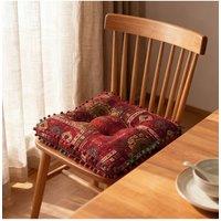 Living and Home Bohemian Patterned Pom-Pom Trimmed Seat Cushion in Red