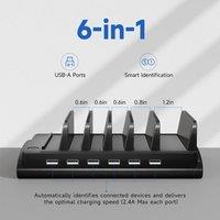 60W Multi-Port USB Desktop Charger Station Equipped with 6 Cables in Black