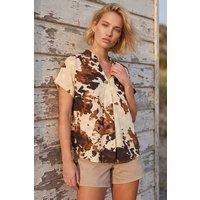 Roman Women's Cow Print Pleat Front Top in Chocolate | Size: 10