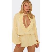 EGO Women's Blouson Style Long Sleeve Plunging Neckline Frill Trim Playsuit in Lemon | Size: 8