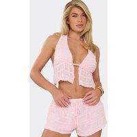 EGO Women's Sleeveless Halter Neck Textured Top & Shorts Set in Pink | Size: 8