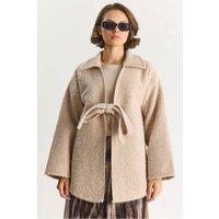 Bianco Lucci Women's Textured Oversized V-Neck Tie Closure Cardigan in Beige | Size: Large