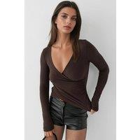 Hiccup Women's Slim Fit Soft Touch V-Neck Long Sleeve Top in Dark Brown | Size: Medium