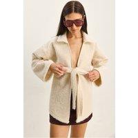 Bianco Lucci Women's Textured Oversized V-Neck Tie Closure Cardigan in Ivory | Size: Large