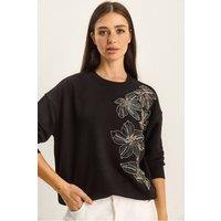 Bianco Lucci Women's Embroidered Crew Neck Sweatshirt in Black | Size: Small