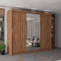 MN Furniture Modern 3 Door Sliding Wardrobe with LED, Mirror & Drawers 250cm in Walnut