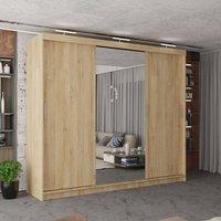 MN Furniture Modern 3 Door Sliding Wardrobe with LED, Mirror & Drawers 250cm in Brown
