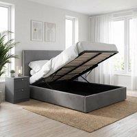 FWStyle Small Double Ottoman Bedframe Grey Padded Tall Headboard Front Lift