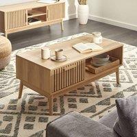 Wyld and Coco Coffee Table Light Brown Wood Top Pine Legs Drawer and Open Shelf