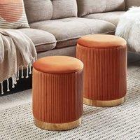 Wyld and Coco Set of 2 Orange Velvet Storage Pouffes Gold Base Modern Tufted