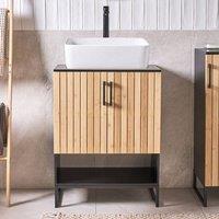 Wyld and Coco Wall Mounted Bathroom Cabinet Light Brown Bamboo Matte Black Steel